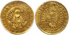 Katalin (Catherine of Brandenburg) Bethlen (1629-1630). Gold Ducat/Aranyforint, 1630. Kolozsv&aacute;r/Klausenberg. (fleur outline) CATH.D:G.N.M.B.S.R...