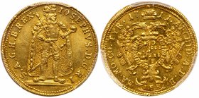 Joseph I (1705-1711). Gold Ducat/Aranyforint, 1711 IFK. Szeben (Sibiu)/Hermannstadt. IOSEPHVS.D.G.R.I. -- S.A.G.H.B.REX.; The emperor standing in rega...
