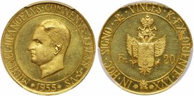 Trebizond. House of Angelus Comnenus. Michael III. Medallic Gold 20 Francs, 1955. Lorioli, Milano, Italy. Bare head left. Rev. Crowned Arms (Fr 20; KM...