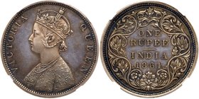 Victoria (1837-1901). Pattern Silver Rupee, 1861. Medal alignment. VICTORIA QUEEN, indentation at lower part of bust, weak L.C. WYON below. Rev. Top f...