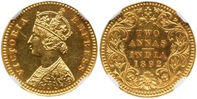 Victoria (1837-1901). Gold Restrike 2 Annas, 1892. Calcutta. (SW 6.416). In NGC holder graded PF 62. Rare. Value $10,000 - UP 
Ex David Fore Collecti...