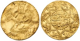 Fath Ali Shah (AH1212-1250 / 1797-1834 AD). Gold Toman, AH1248 (1832). Ruler seated on throne. Rev. Legend within dotted circle and eight pointed star...