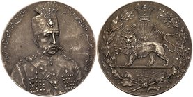 Muzaffar al-Din Shah (AH1313-1324 / 1896-1907AD), Silver Pattern 5 Krans, AH1318 (1900). Military uniformed bust facing three-quarters right. Rev. Cro...