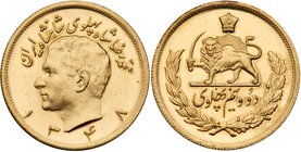 Muhammad Reza Pahlavi Shah (SH1320-1358 / 1941-1979AD). Gold 2 &frac12; Pahlavi, SH1348 (1969). Bust of shah left. Rev. Crown above lion within wreath...