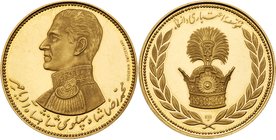 Muhammad Reza Pahlavi Shah (SH1320-1358 / 1941-1979AD). Gold Medal, undated. Uniformed bust of shah left above inscription. Rev. Crown within wreath, ...