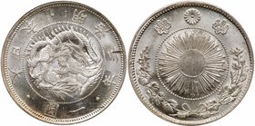 Mutsuhito (1867-1912). Silver 1-Yen, Meiji 3 (1870). Type 1, with border (JNDA 01-9; KM Y5.1). In PCGS holder graded MS 65. Value $1,500 - UP