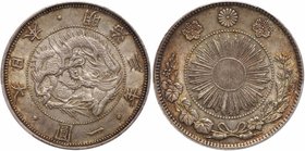 Mutsuhito (1867-1912). Silver 1-Yen, Meiji 3 (1870). Type 2 (JNDA 01-9; KM Y5.2). In PCGS holder graded MS 63. Value $900 - UP