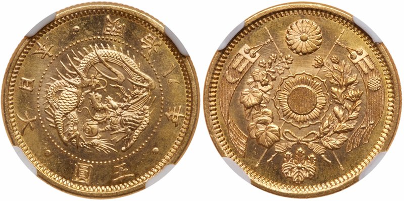 Mutsuhito (1867-1912). Gold 5-Yen, Meiji 8 (1875). (JNDA 01-3A; KM Y11a). In NGC...