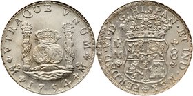 Ferdinand VI (1746-1759). Silver Pillar 8 Reales, 1754-Mo MM. Crown globes in center, Royal crown on left pillar and Imperial crown on right pillar. R...