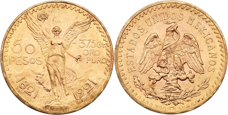 Estados Unidos. Gold 50 Pesos, 1921. Mexico City mint. 1.2057 ounces. Centennial...