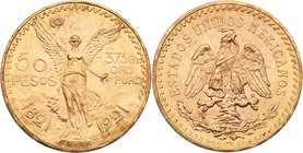 Estados Unidos. Gold 50 Pesos, 1921. Mexico City mint. 1.2057 ounces. Centennial of Independence. Winged Victory facing. Rev. National Eagle (Fr 172; ...