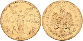 Estados Unidos. Gold 50 Pesos, 1922. Mexico City mint. 1.2057 ounces. Centennial of Independence. Winged Victory facing. Rev. National Eagle (Fr 172; ...