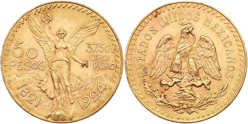Estados Unidos. Gold 50 Pesos, 1924. Mexico City mint. 1.2057 ounces. Centennial...