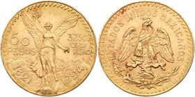Estados Unidos. Gold 50 Pesos, 1924. Mexico City mint. 1.2057 ounces. Centennial of Independence. Winged Victory facing. Rev. National Eagle (Fr 172; ...