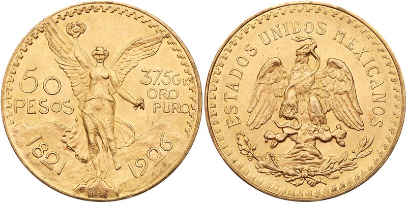 Estados Unidos. Gold 50 Pesos, 1926. Mexico City mint. 1.2057 ounces. Centennial...