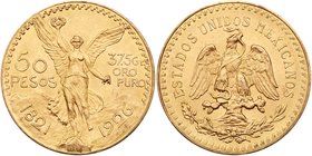 Estados Unidos. Gold 50 Pesos, 1926. Mexico City mint. 1.2057 ounces. Centennial of Independence. Winged Victory facing. Rev. National Eagle (Fr 172; ...