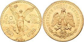 Estados Unidos. Gold 50 Pesos, 1928. Mexico City mint. 1.2057 ounces. Centennial of Independence. Winged Victory facing. Rev. National Eagle (Fr 172; ...