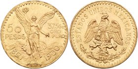 Estados Unidos. Gold 50 Pesos, 1930. Mexico City mint. 1.2057 ounces. Centennial of Independence. Winged Victory facing. Rev. National Eagle (Fr 172; ...