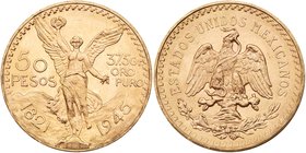 Estados Unidos. Gold 50 Pesos, 1945. Mexico City mint. 1.2057 ounces. Centennial of Independence. Winged Victory facing. Rev. National Eagle (Fr 172; ...
