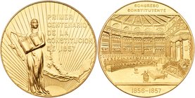Centennial of the Constitution, Gold Medal (50 Pesos), 1957 (41.60g). Mint issue. A standing feminine figure with a book. In the background is a map o...