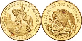 Centennial of the Battle of Cinco de Mayo. Gold Medal (50 Pesos), 1962 (41.69g). Mint issue. Equestrian statue of General Ignacio Zaragoza to the left...