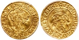 West Friesland. United Provinces. Gold Ducat, 1595. Emperor standing holding sword in left hand and staff in right. Rev. Crowned arms (Fr 291; Delm 83...