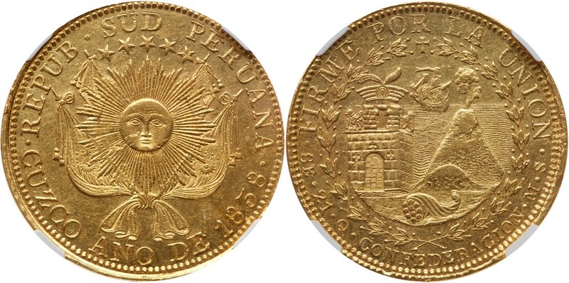 Gold 8 Escudos, 1838 CUZO MS. Radiant sun within flags. Rev. Volcano and castle ...