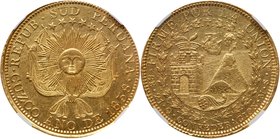 Gold 8 Escudos, 1838 CUZO MS. Radiant sun within flags. Rev. Volcano and castle with "Confederacion" below (Fr 92; KM 171). In NGC holder graded AU 58...