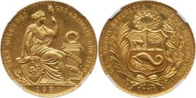 Republic. Gold 100 Soles, 1950. Seated Liberty flanked by shield and column. Rev. National arms (Fr 78; KM 231). In NGC holder graded MS 63. Mintage o...