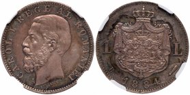 Carol I, as King (1881-1914). Silver Leu, 1884 B. Bucharest. Bare head left. Rev. Crowned and supported Arms on a crowned mantle (KM 22). In PCGS hold...