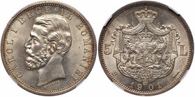 Carol I, as King (1881-1914). Silver 5 Lei, 1901 B. Bucharest. Bare head left. Rev. Crowned and supported Arms on a crowned mantle (KM 17.2). In PCGS ...