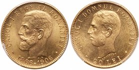 Carol I (1866-1914). Gold 20 Lei, 1906. Young head of king facing left. Rev. Old head of king. On the 40th year of his reign (Fr 5; KM 37). In PCGS ho...