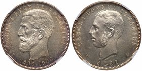 Carol I, as King (1881-1914). Silver 5 Lei, 1906. On the 40th Anniversary of Carol’s Reign. Older head left, anniversary dates below. Rev. Head of Car...