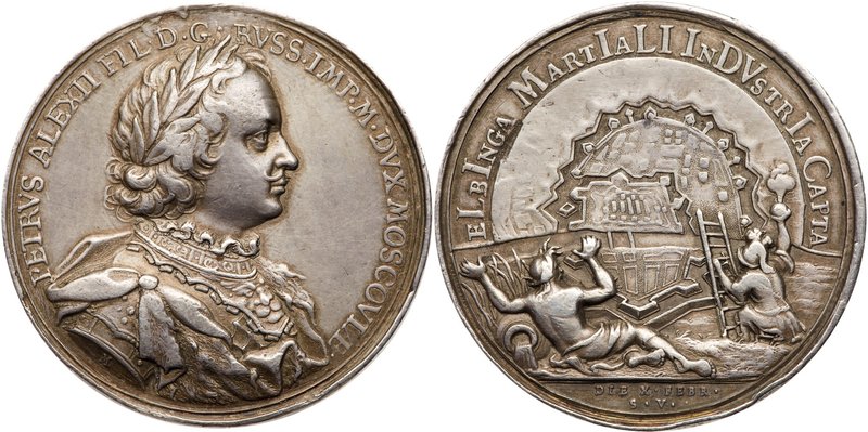 Medal. Silver. 45.6 mm. By Philipp Heinrich Müller. Capture of Elbing, 1710.
 S...
