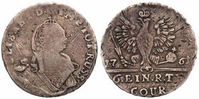 1/6 Taler 1761. Königsberg. 4.25 gm.
 2 hair locks on shoulder, two lines under eagle. Bit 683 (R), Diakov 706, Sev 1853 A (S), Uzd 4890 (S). Toned o...