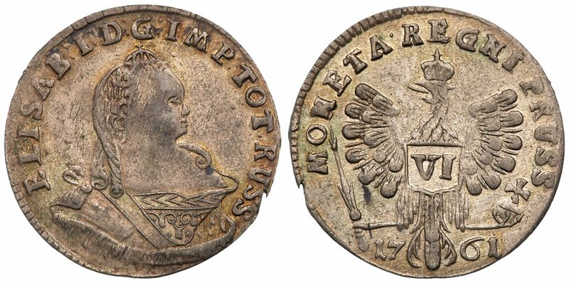 VI Groschen 1761. Königsberg. 3.07 gm. 
Two hair locks on shoulder. Eagle's rig...