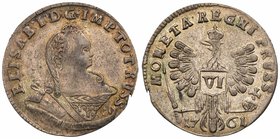 VI Groschen 1761. Königsberg. 3.07 gm. 
Two hair locks on shoulder. Eagle's right wing tip under P in PRUSS, left under E in MONETA. Olding 454a, Bit...