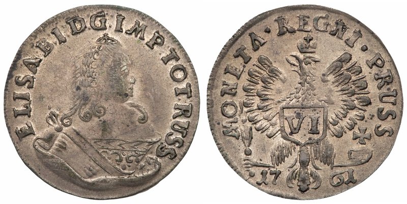 VI Groschen 1761. Königsberg. 2.69 gm.
 Two hair locks on shoulder. Eagle's rig...
