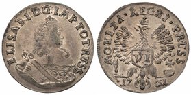 VI Groschen 1761. Königsberg. 2.69 gm.
 Two hair locks on shoulder. Eagle's right wing tip under I in REGNI, left under A in MONETA. Olding 454a, Bit...
