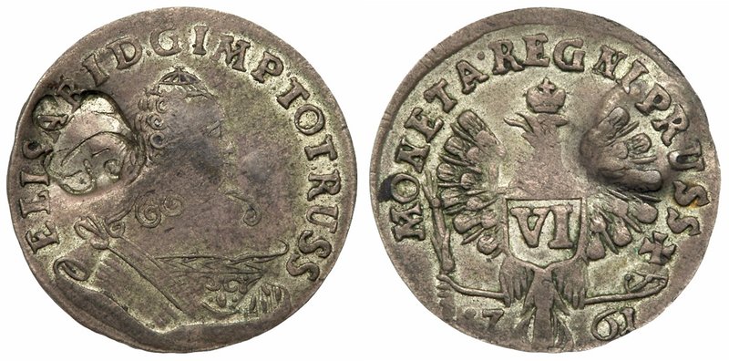 VI Groschen 1761. Königsberg. 2.47 gm. 
Two hair locks on shoulder. Monogram co...
