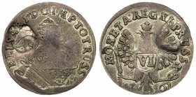 VI Groschen 1761. Königsberg. 2.47 gm. 
Two hair locks on shoulder. Monogram countermarked behind bust. Olding 454a, Bit 719, Diakov 719, Sev 1846, U...
