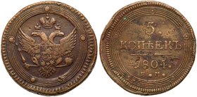 5 Kopecks 1804 EM. Eagle of 1802 pattern, reverse of 1803-6. 
48.05 gm. Bit 289 (R1), B 115 (R), Ilyin (10 Rubl.), Petrov (10 Rubl.). Minor reverse f...