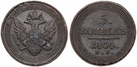5 Kopecks 1804 EM. 50.70 gm.
 Bit 290, B 116, Uzd 3038. Glossy dark olive-brown over very minor pitting. Choice About uncirculated