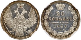 20 Kopecks 1848 CПБ-HI.
 Eagle of the 1849-1851 pattern. Bit 335, Sev 3531. Authenticated and graded by NGC MS 61. Steely gray, good lustre. Uncircul...