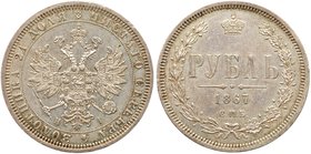Rouble 1867 CПБ-HI.
Bit 80, Sev 3779 (S). Scarce with a low mintage of only 425,040 pcs. Toned. Uncirculated