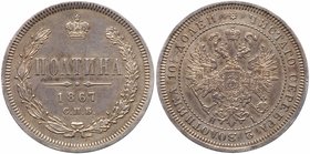 Poltina 1867 CПБ-HI. 
Bit 108 (R). Rare with small mintage of only 26 040 pieces. Toned over numerous scratches. Extremely fine.