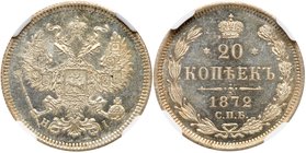 20 Kopecks 1872 CПБ-HI. Eagle of the 1874-1881 pattern.
 Bit 222, Sev 3822. Authenticated and graded by NGC MS 65. Lustrous linen white. Gem brillian...