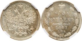 15 Kopecks 1867 CПБ-HI.
 Bit 235, Sev 3775. Authenticated and graded by NGC MS 63. Crisp strike, bold pearly lustre. Choice brilliant uncirculated