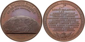 Medal. Bronze. 58 mm. By A. Lindberg. Passage of the Nordenskiöld Vega Expedition through the Bering Strait, 1879.
 Upper hemisperical globe showing ...