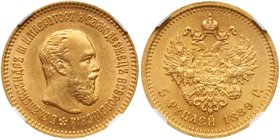 5 Roubles 1889 AГ-AГ. GOLD.
 Fr. 168, Bit 34, Sev 536 (S). Rare variety with AГ on neck. Authenticated and graded by NGC MS 62. Uncirculated